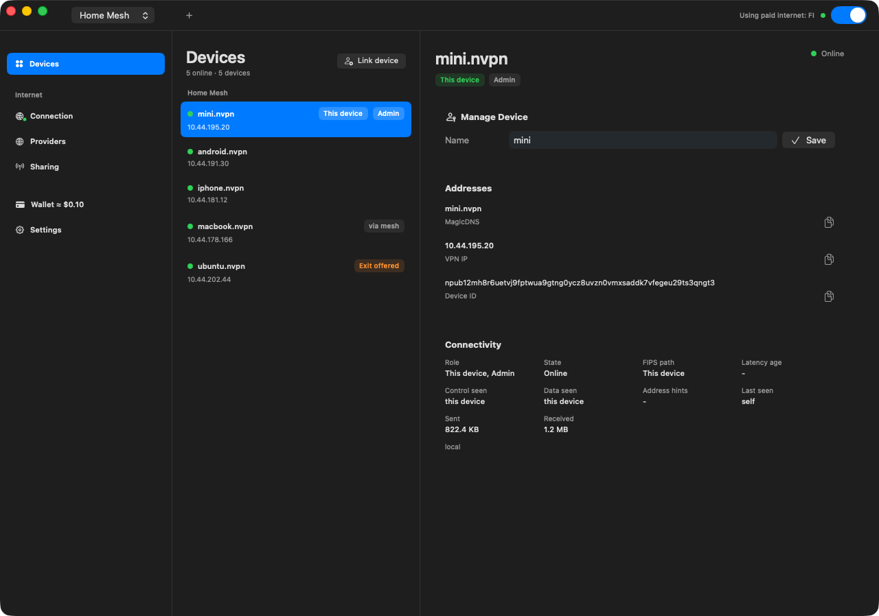 The Nostr VPN desktop app showing devices in a private network